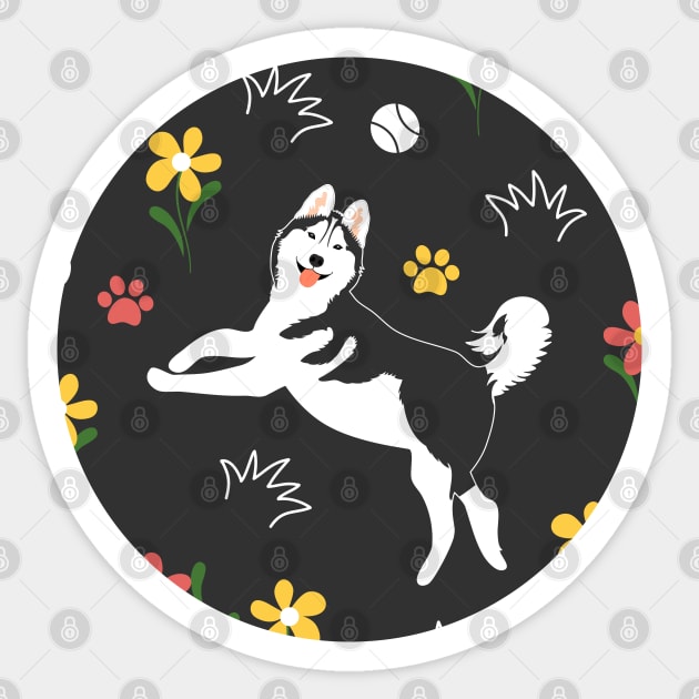 Siberian Husky Playing with Balls - Black Sticker by LulululuPainting